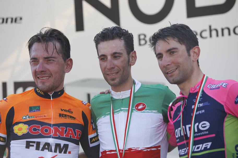 Il podio dei Campionati italiani di ciclismo. Da sinistra Francesco Reda, Vincenzo Nibali e Diego Ulissi. LaPresse